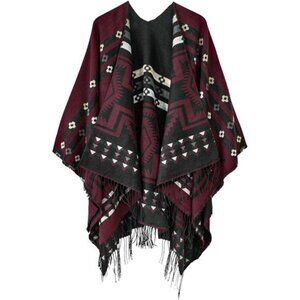 Womens printed tassel poncho cape cardigan wrap shawl cozy open front sweater
